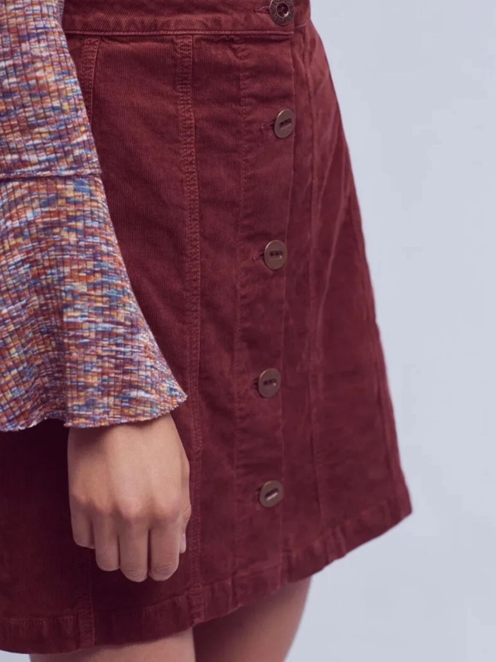 Anthropologie Button-Front Corduroy Midi Skirt in Wine Red - Picture 3 of 11